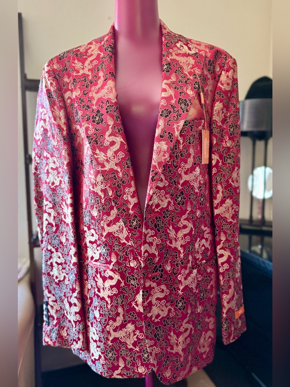 Tallia - Men's Slim-Fit Red/Gold Ploral Dragon Evening Jacket